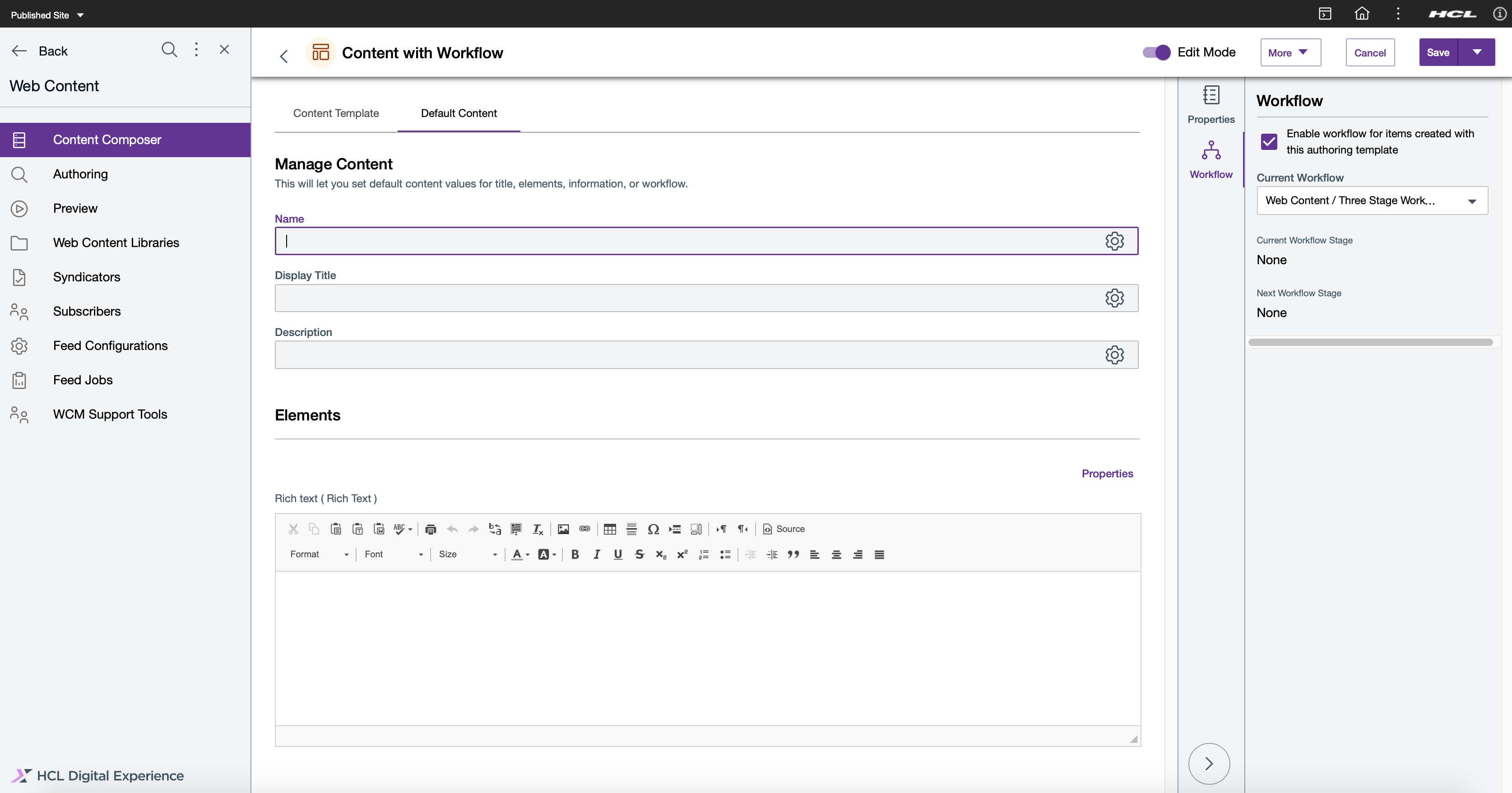Selecting Workflow options to manage web content