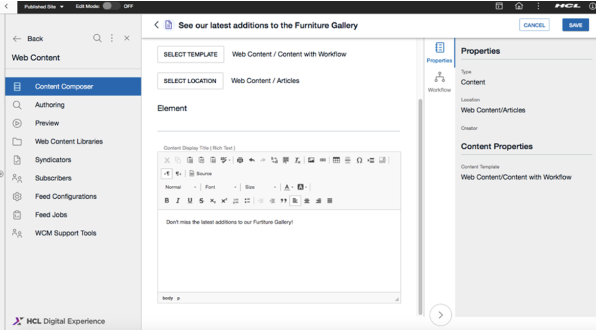 Working with content items in the selected Content Template