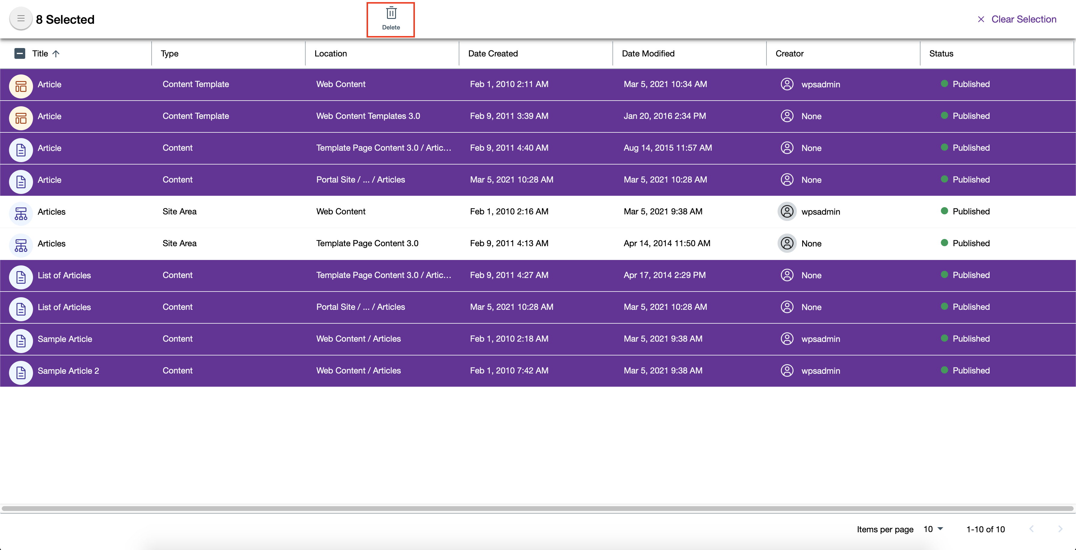 Delete selected content items Delete selected content items
