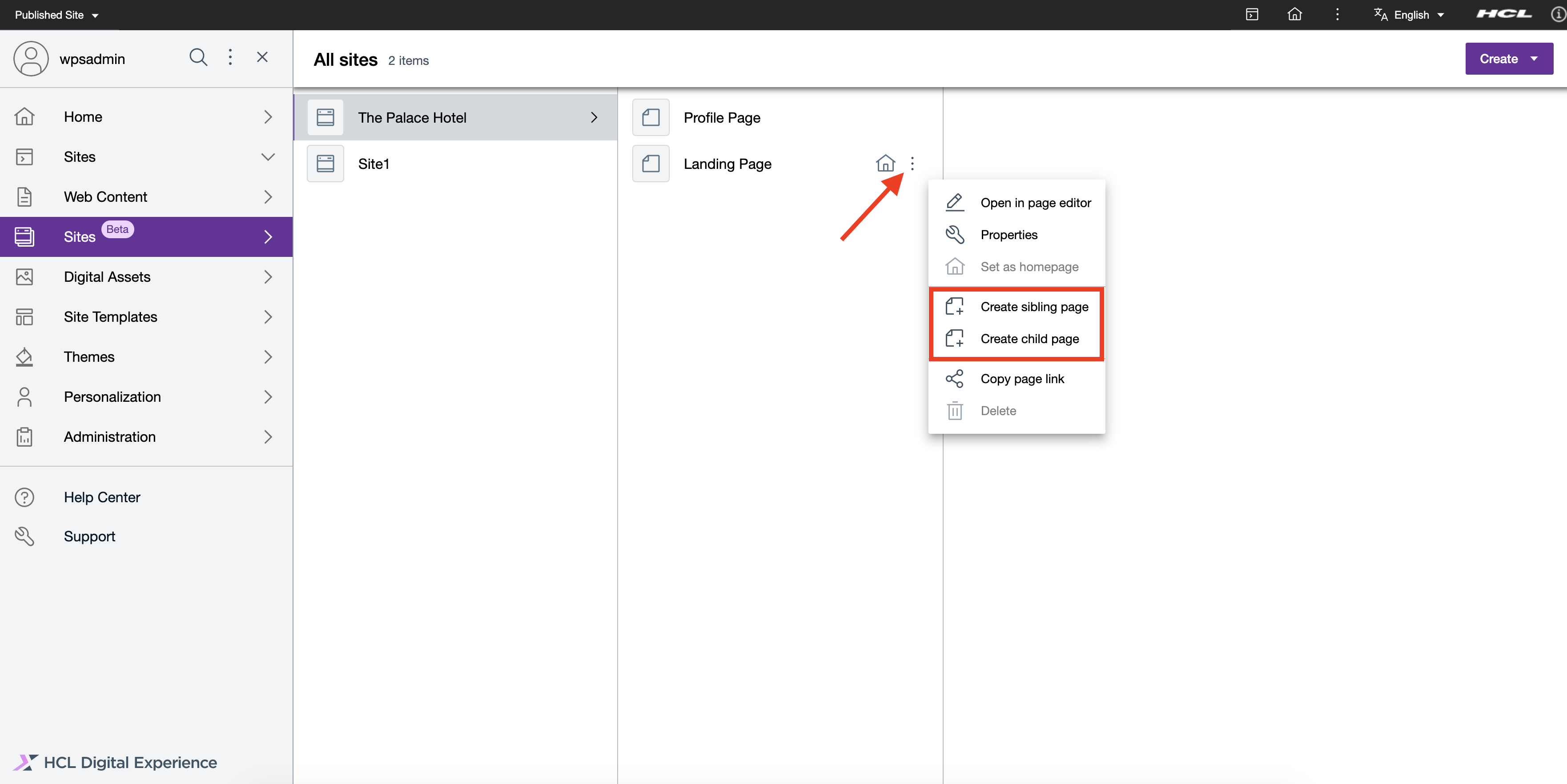 Create a child or sibling page for any page displayed in the Sites overview