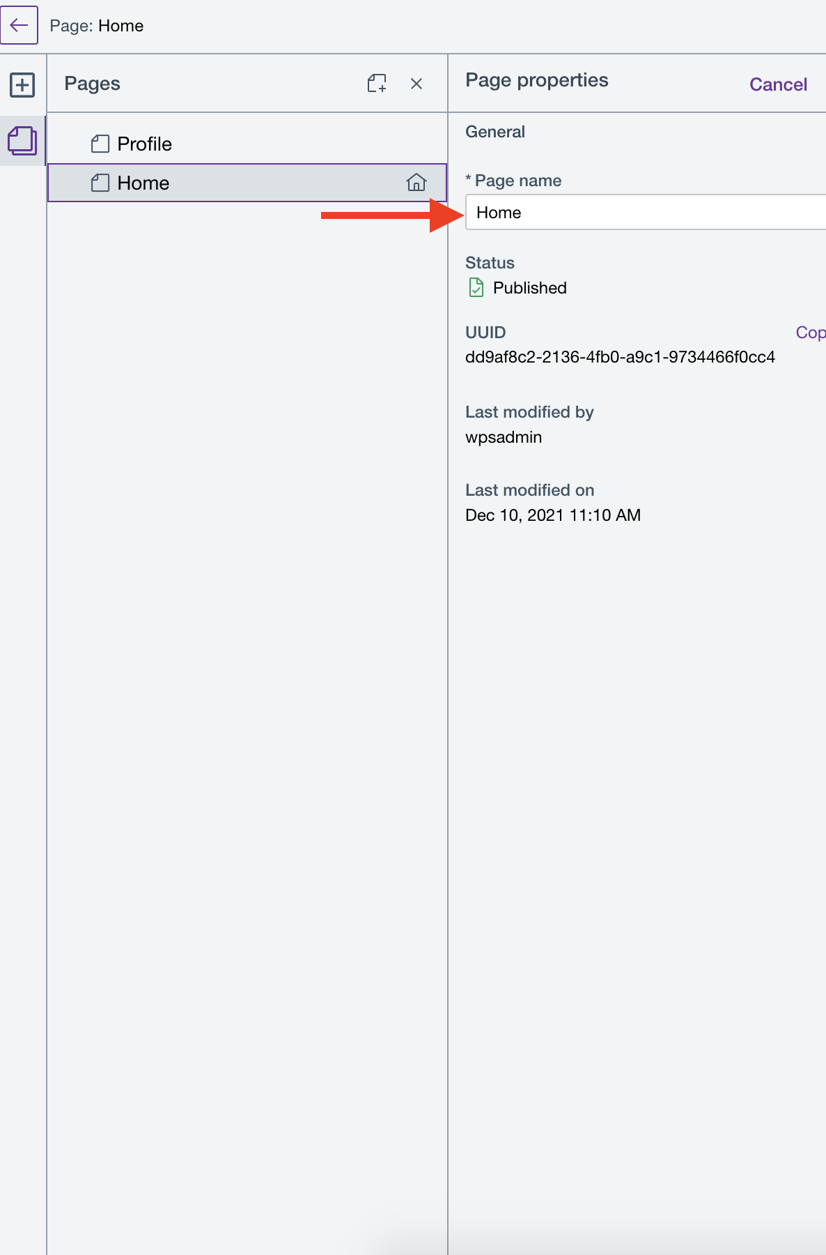 Edit page information from page properties panel Update editable page properties