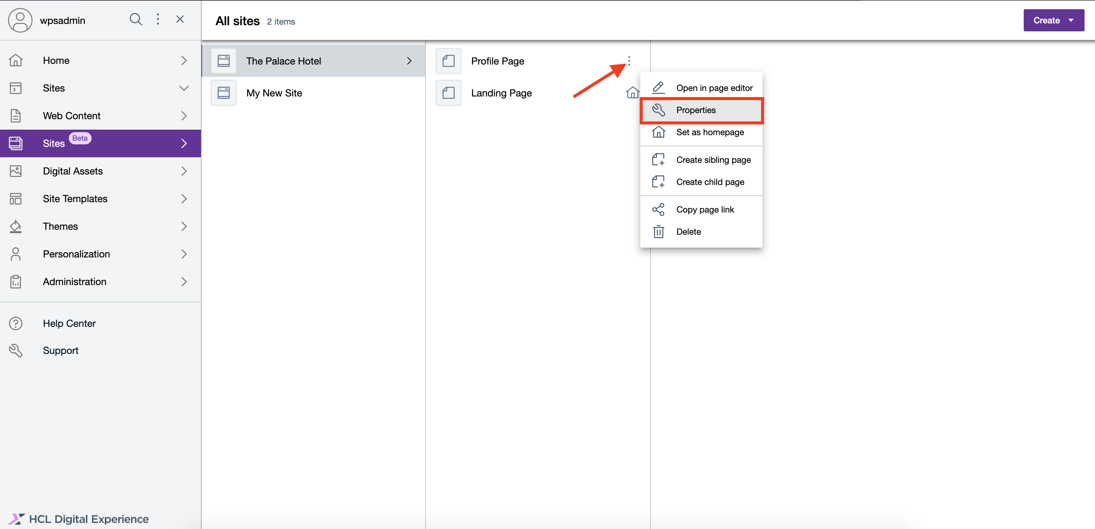 Set as homepage fro page properties panel