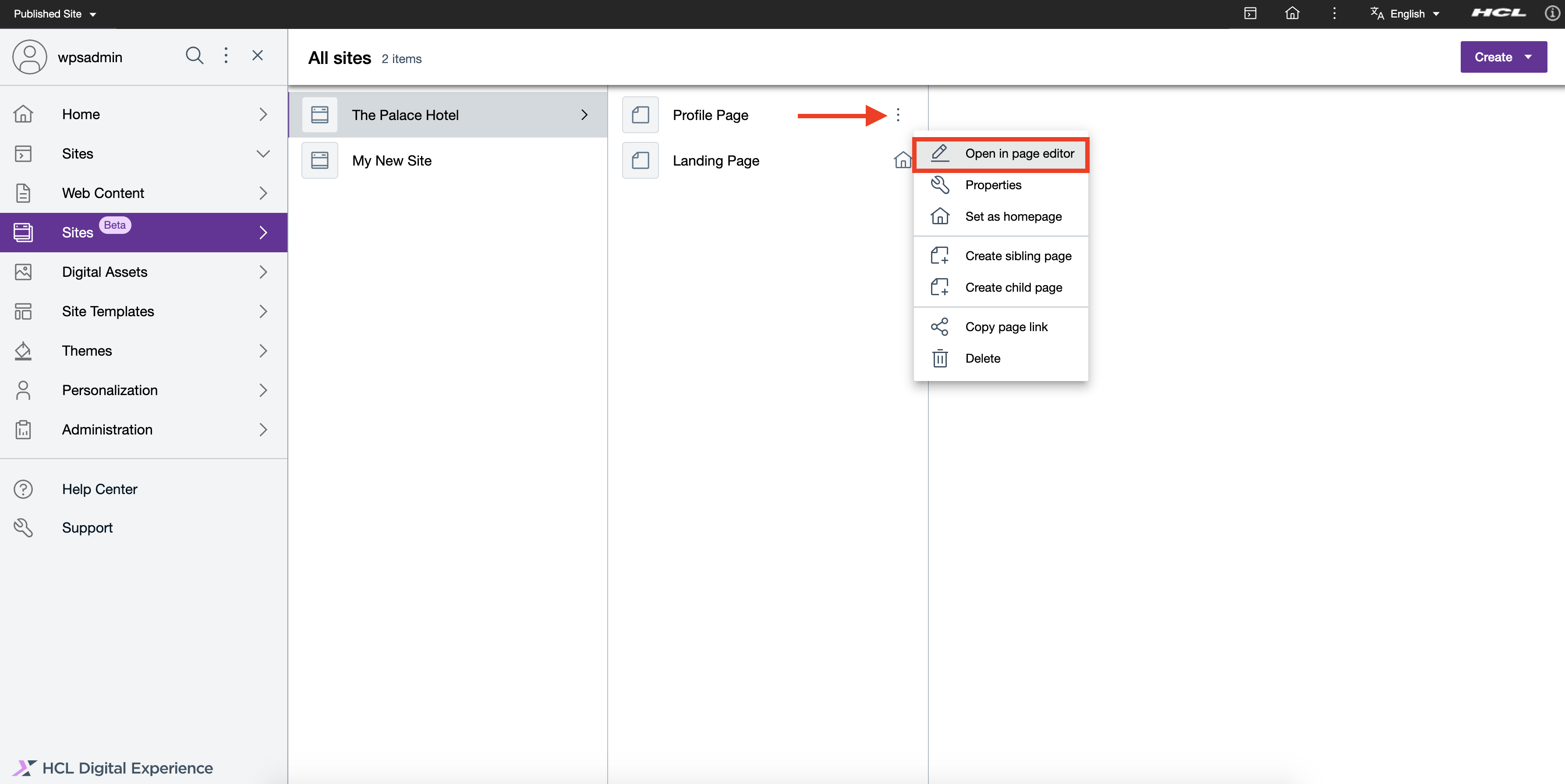 Edit from Sites overview