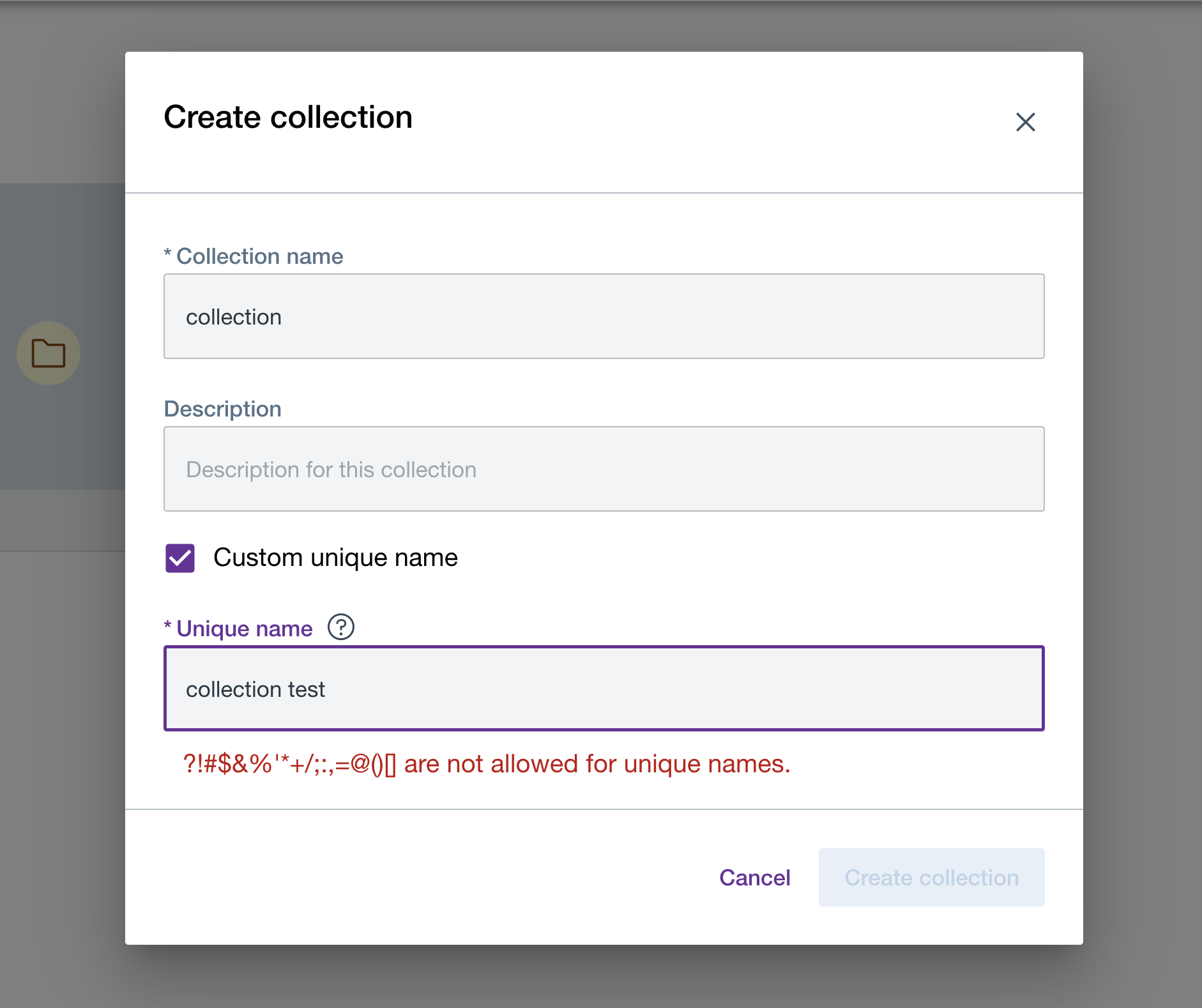 Create collection unsupported unique name