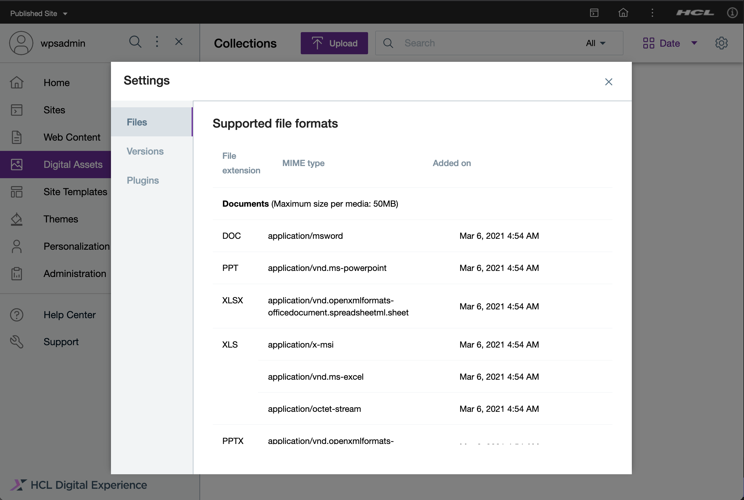 DAM > Settings > Files