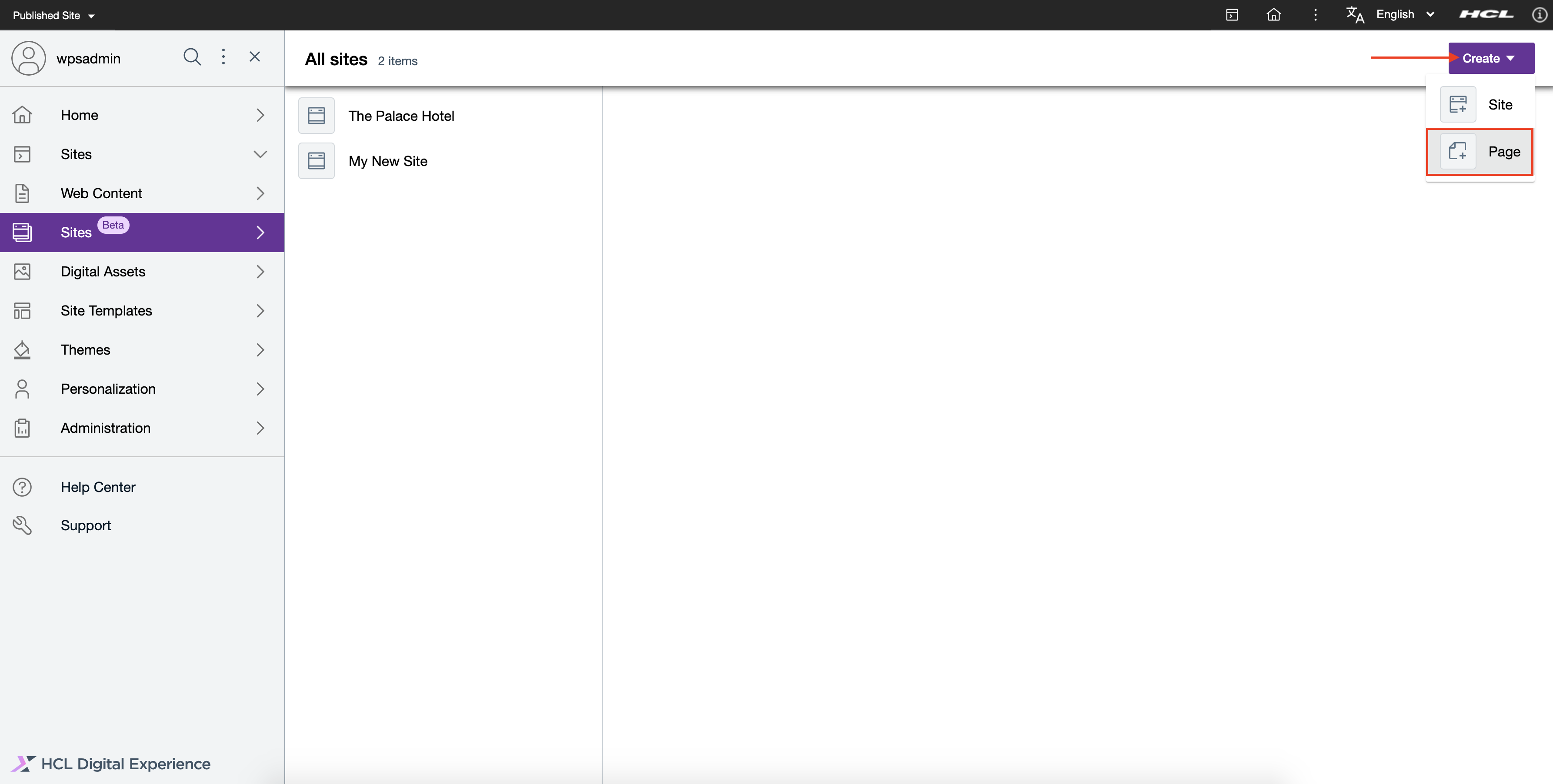Click Create new page button