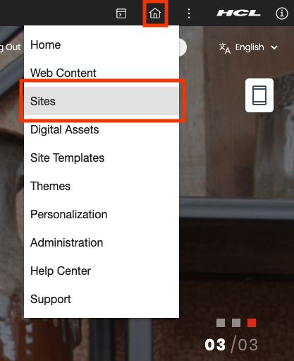 Access HCL Digital Experience 9.5 Design Studio (Beta) in DX Sites navigation bar