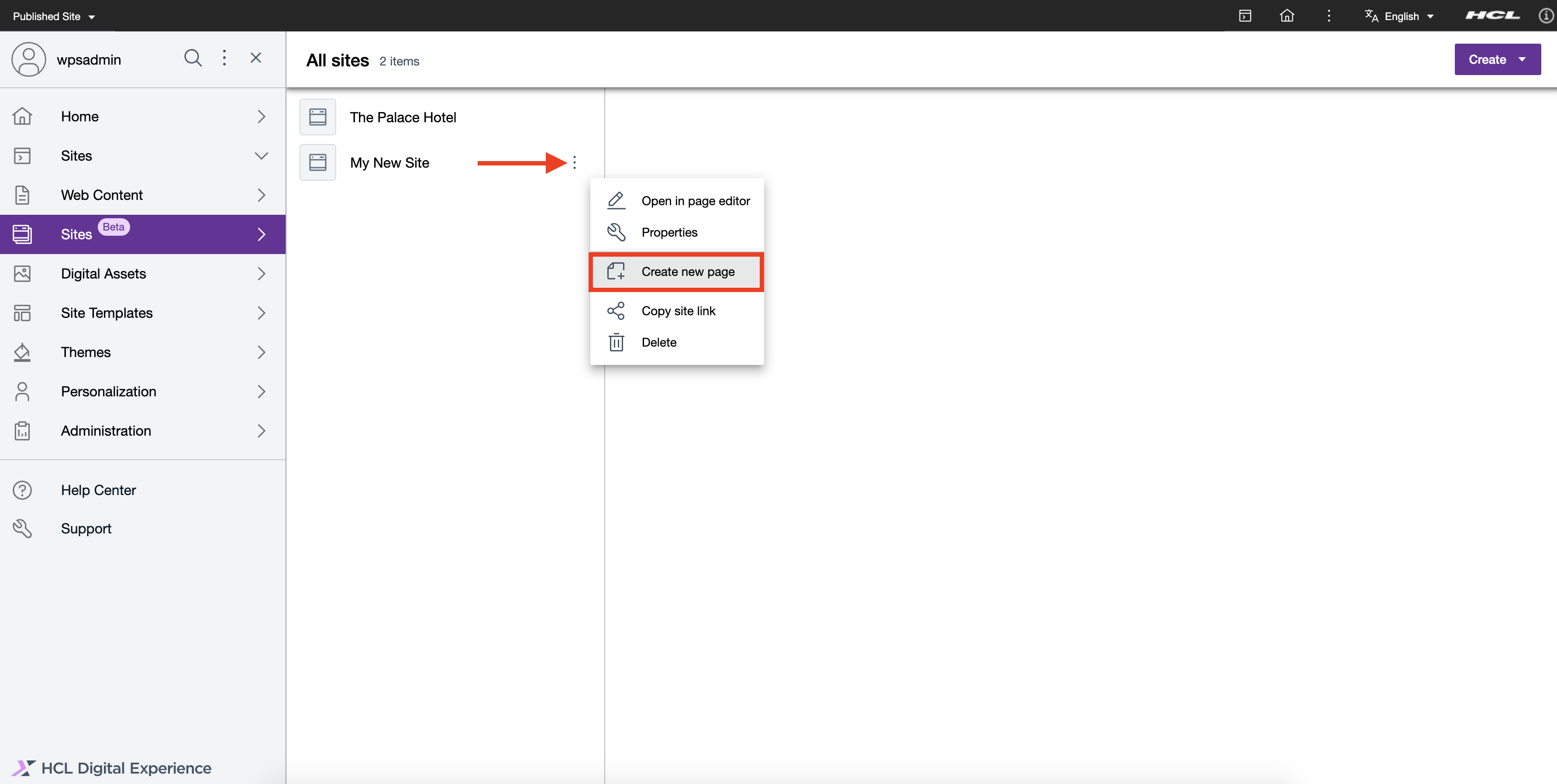 Create a new page for a site