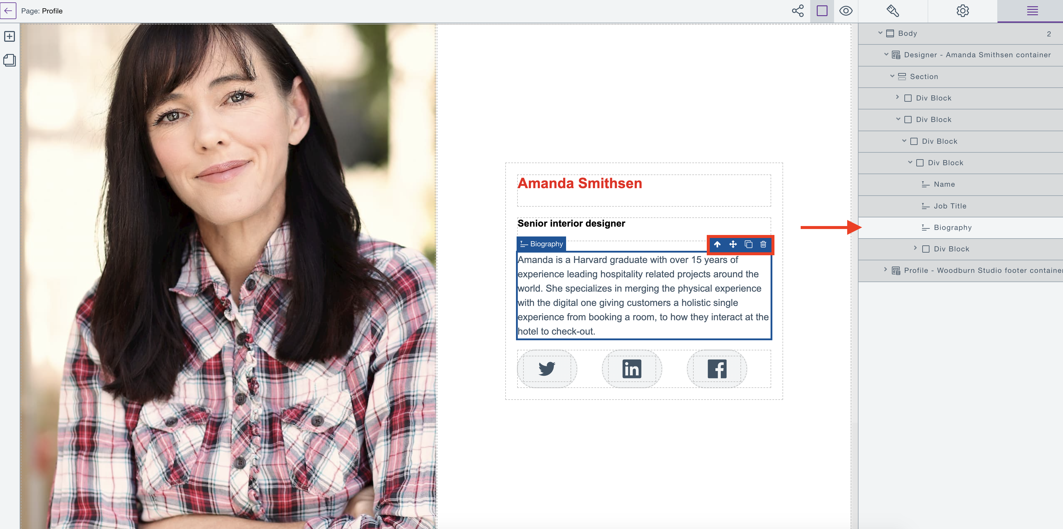 Inline editing element menu options