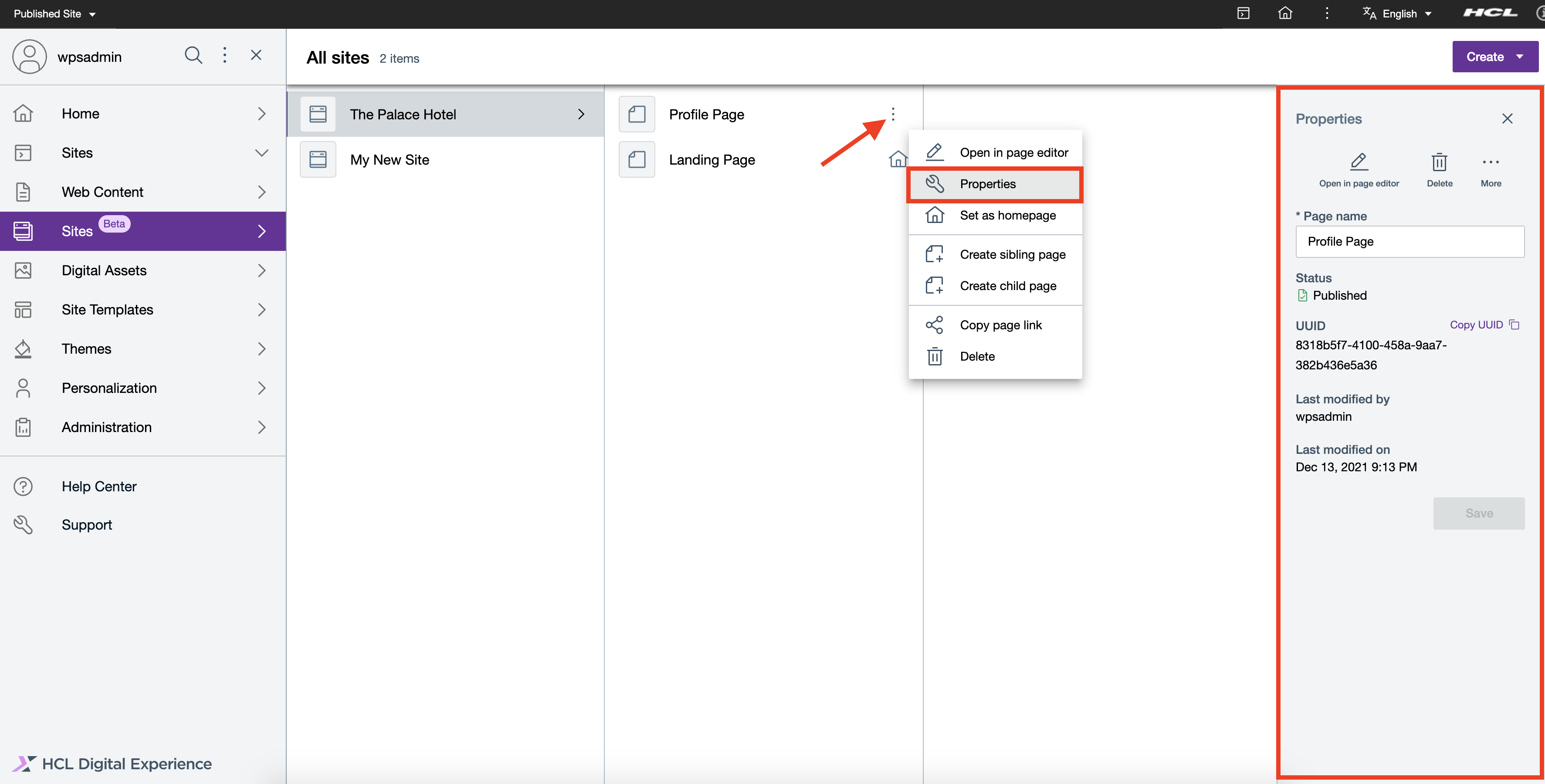 View page properties panel