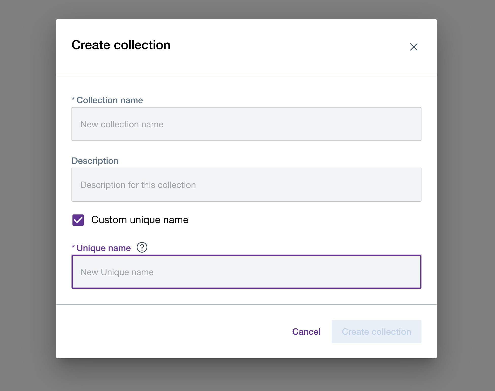 Create collection popup