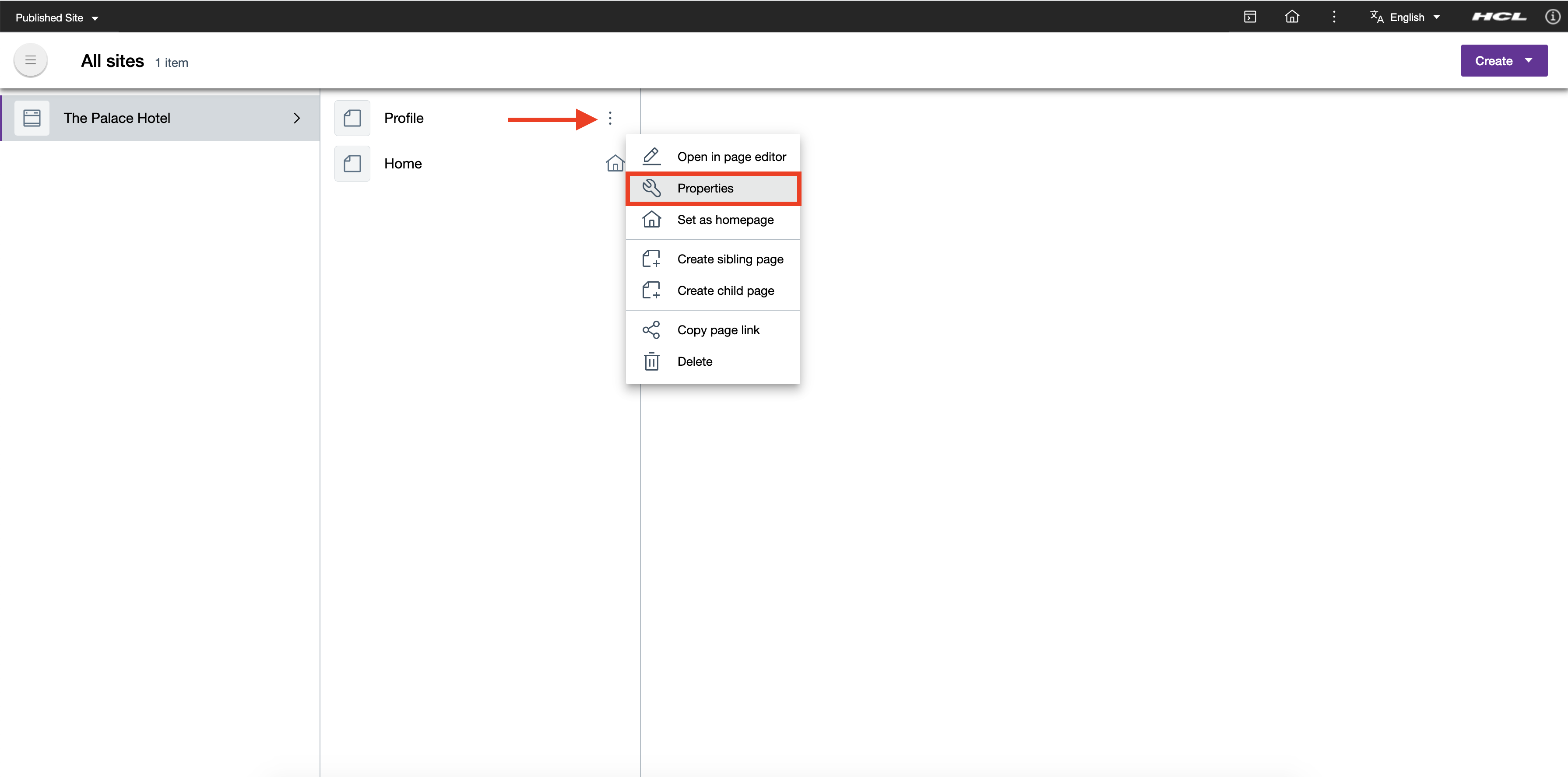 Select Page Properties from Site Overview