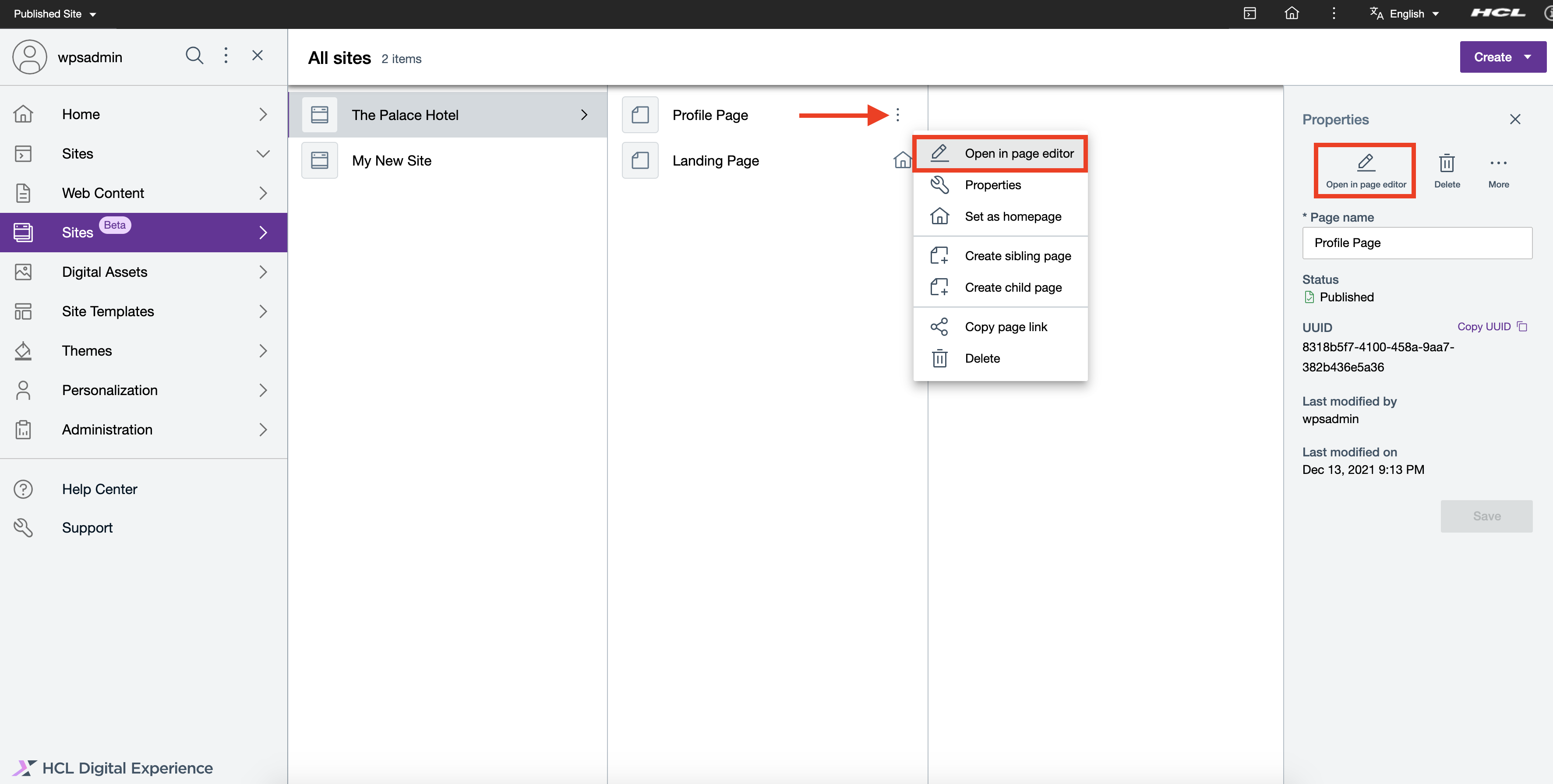 Edit page via page information panel