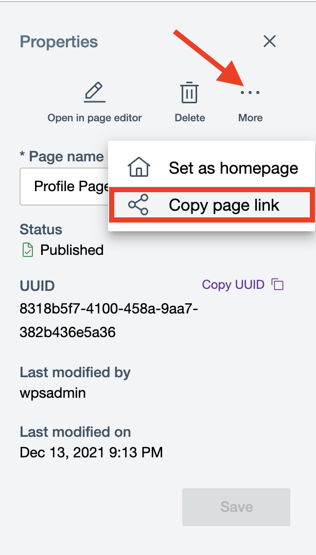 Copy page link from page properties panel