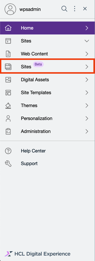 Access HCL Digital Experience 9.5 Design Studio (Beta) in Practitioner Studio navigation menu