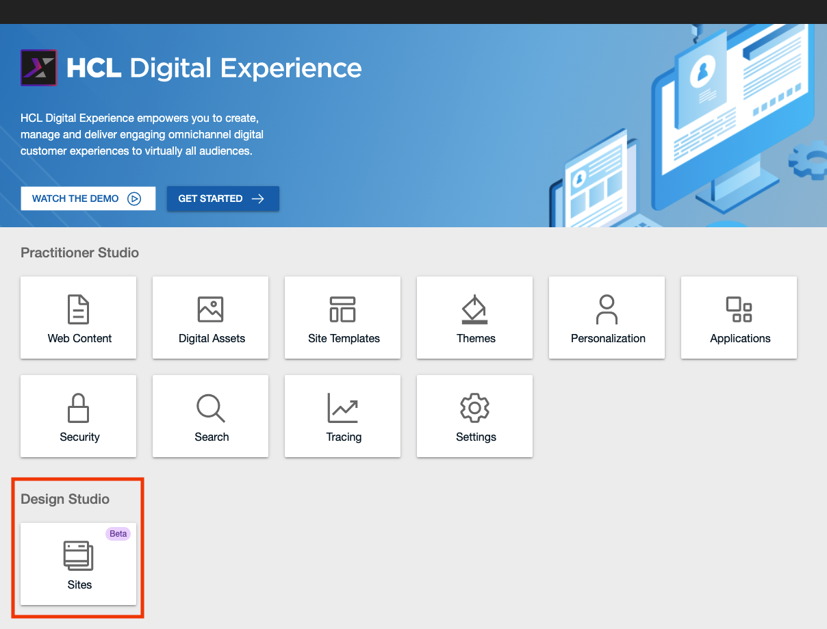 HCL Digital Experience 9.5 Design Studio (Beta) in Practitioner Studio interface