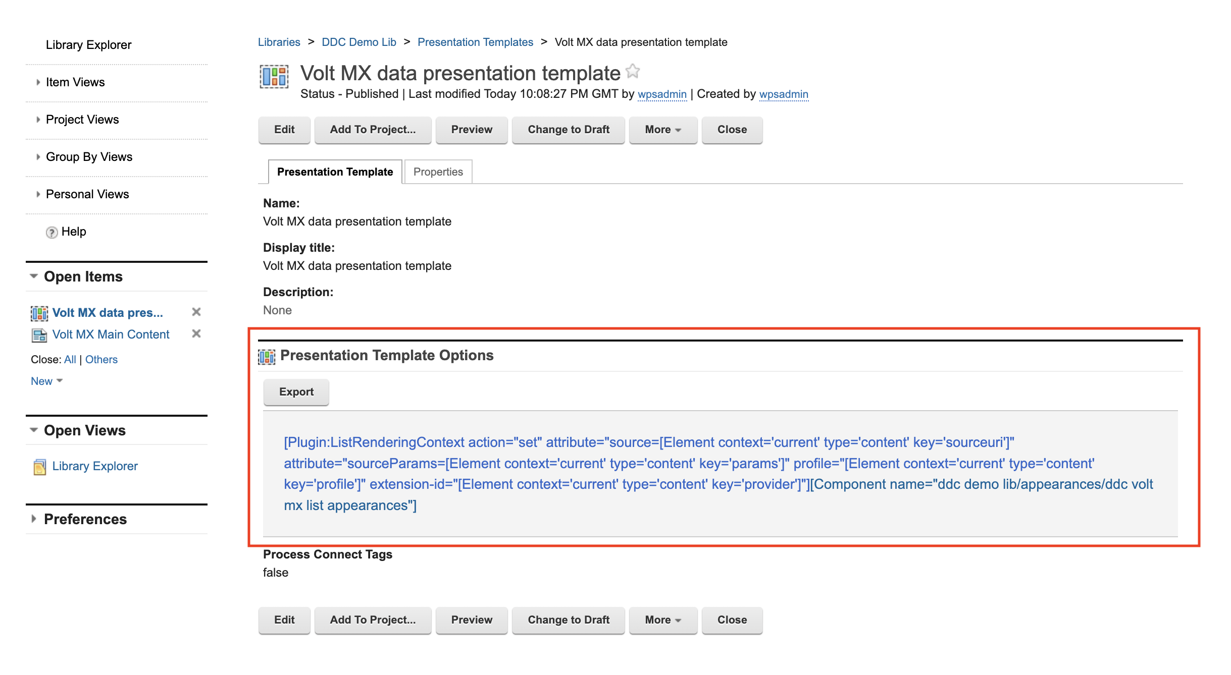 DDC Presentation Template with attribute sourceParams