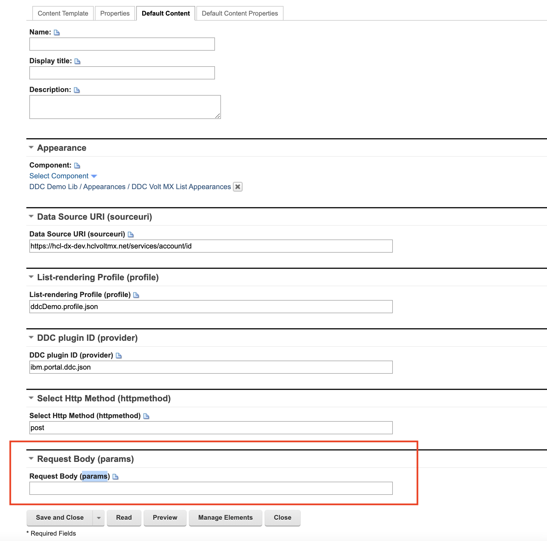 DDC Content Template with content field named params