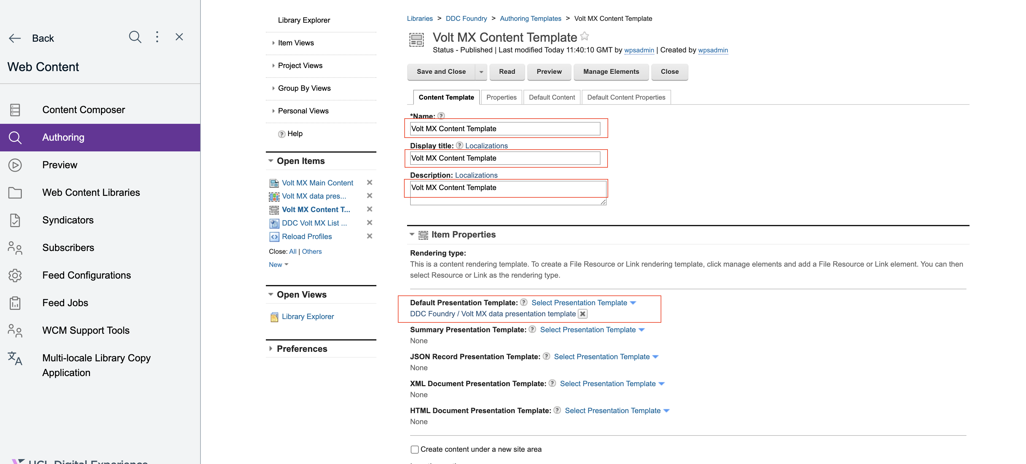 Create Content Template and select its attribute.