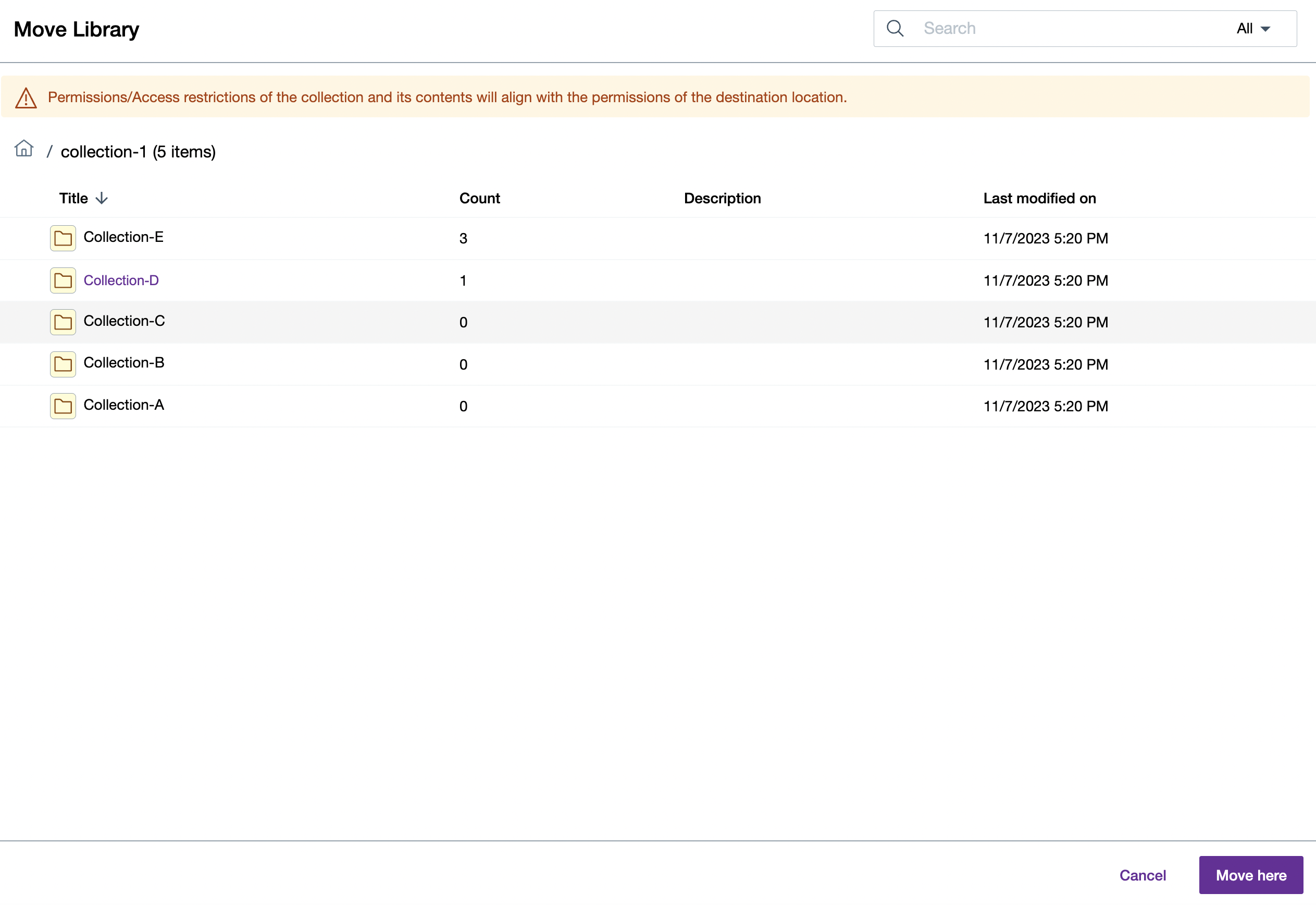 Move collection dialog box