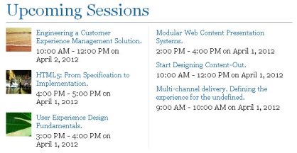 Cette image montre un portail de liste qui contient des images et de brèves descriptions dans un format à deux colonnes.