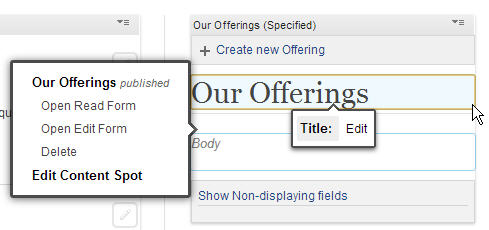 Sur une page en mode Edition, vous pouvez survoler un objet de contenu, le modifier et cliquer ensuite sur le bouton Editer ou ouvrir le formulaire d'édition.
