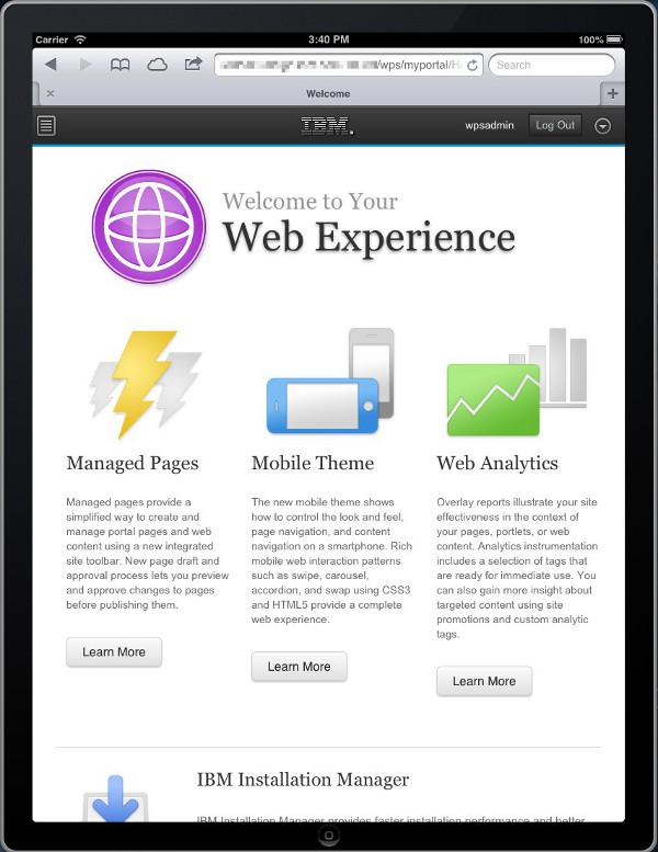 Page d'accueil affichée sur une tablette graphique.