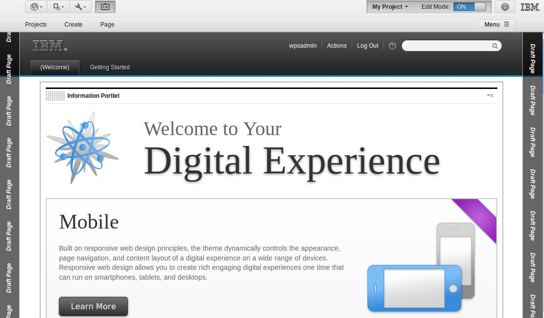 Page de bienvenue du portail avec la page de brouillon de chaque côté.