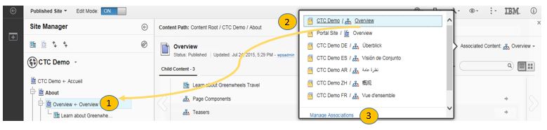Capture d'écran de l'explorateur de contenu pour une page, avec le menu Contenu associé ouvert.