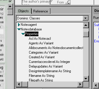 Reference tab displaying the properties of the NotesDatabase class