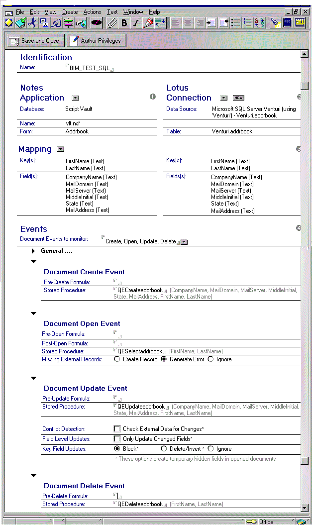 OLE DB connection document  with field mapping bmp