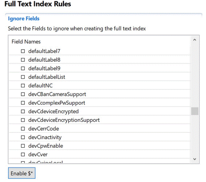 FtFields properties tab with $Revisions, $Name, $CS_AUTO, and $SoftDeleteExpireHours fields selected for exclusion from full-text index.