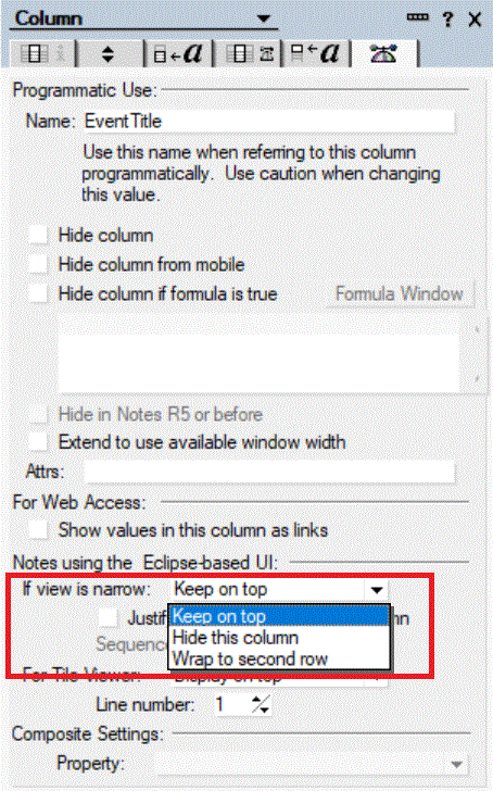 "If view is narrow" property options: Keep on top, Hide this column, Wrap to second row