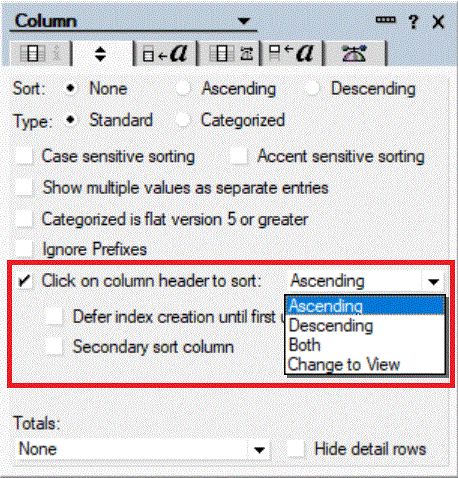 "Click on column header to sort" property options: Ascending, Descending, Both, Change to View