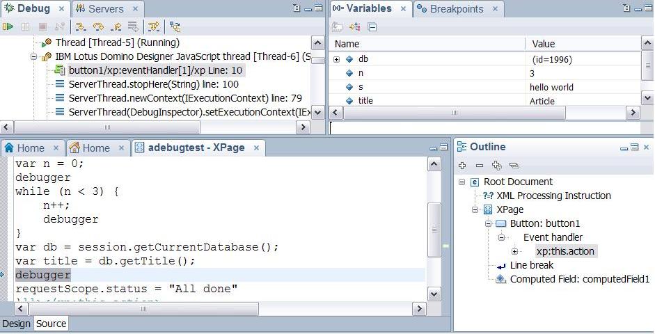 Eclipse debug configuration showing stack frame, editor, variables, and outline