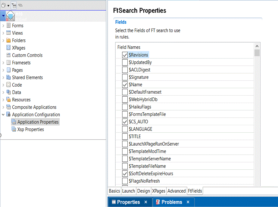 FtFields properties tab with $Revisions, $Name, $CS_AUTO, and $SoftDeleteExpireHours fields selected for exclusion from full-text index.