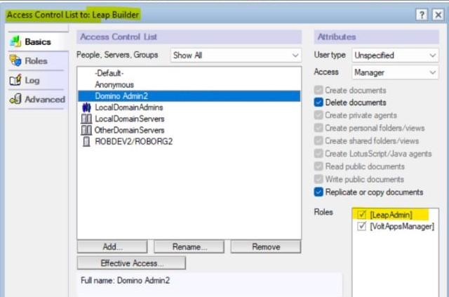 leap admin role assignment in voltbuilder.nsf
