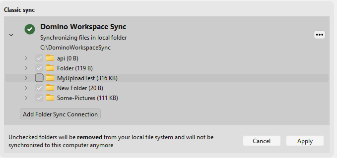 "Choose what to sync" tree with some folders unticked