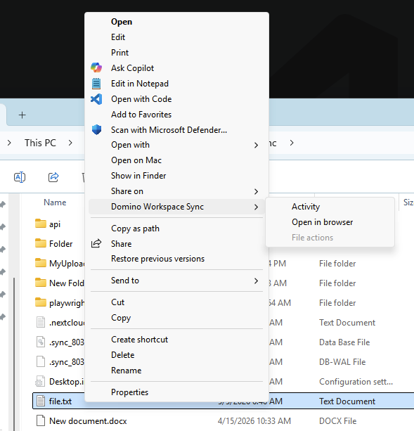 The Windows Explorer full context menu with the Domino Workspace Sync submenu expanded