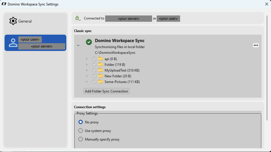 Settings window showing an account with one folder sync connection