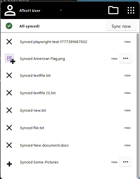 The main window: the account header along the top, an "All synced!" status line with a Sync now button, and the activity list filling the rest of the window.