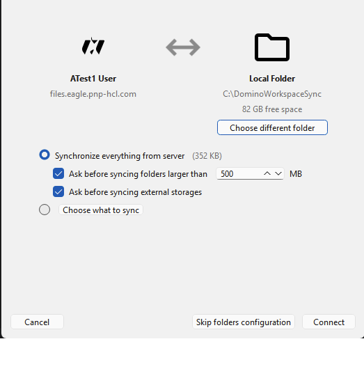 Setup window, sync options page