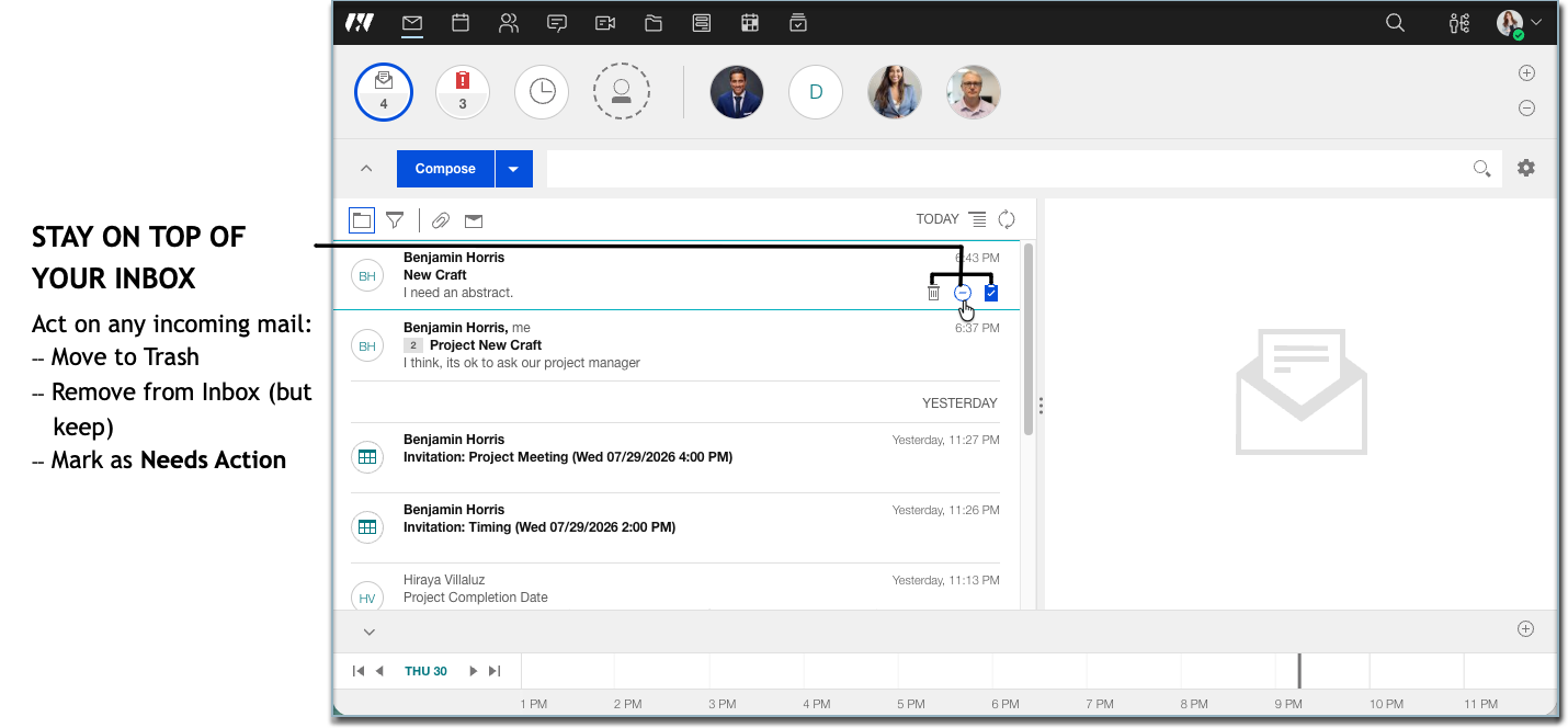 For each mail, select Trash, Remove from Inbox, or Needs Action.