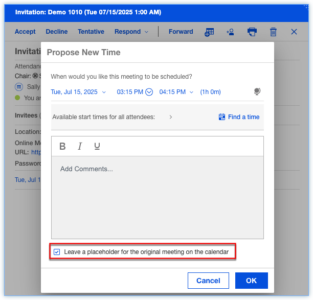 This is a screenshot of Propose New Time with a checked leave a placeholder for the original meeting.