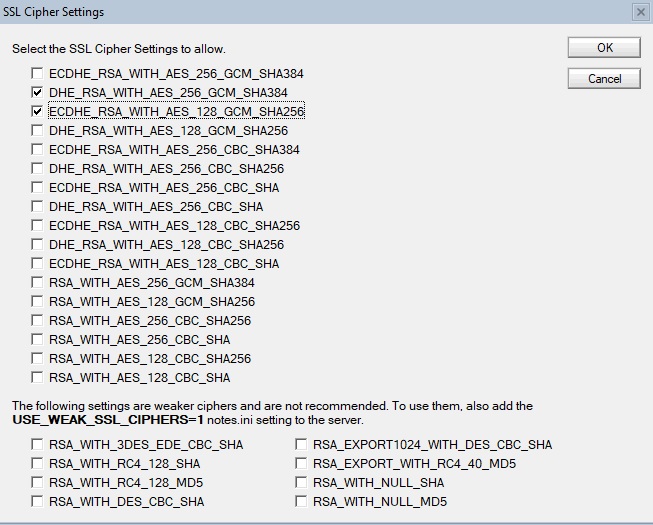 SSL Cipher Settings options