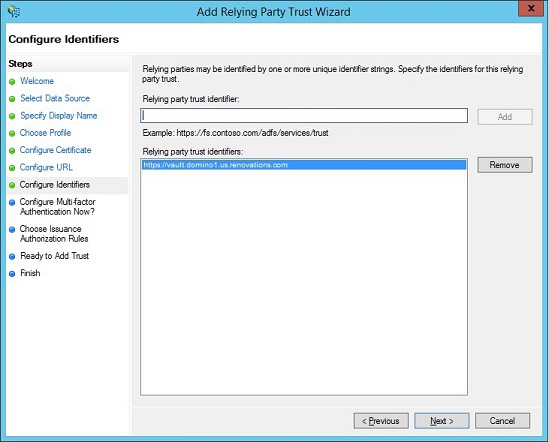 Relying party trust identifier in the Configure Identifiers window