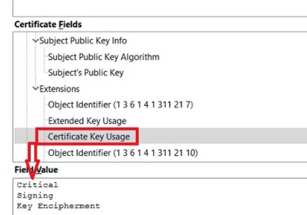 Champs du certificat qui ne contiennent ni le signataire de certificat, ni le signataire CRL