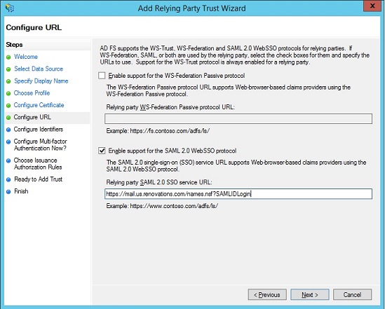 URL du service SAML 2.0 SSO de la partie de confiance dans la fenêtre Configurer l'URL