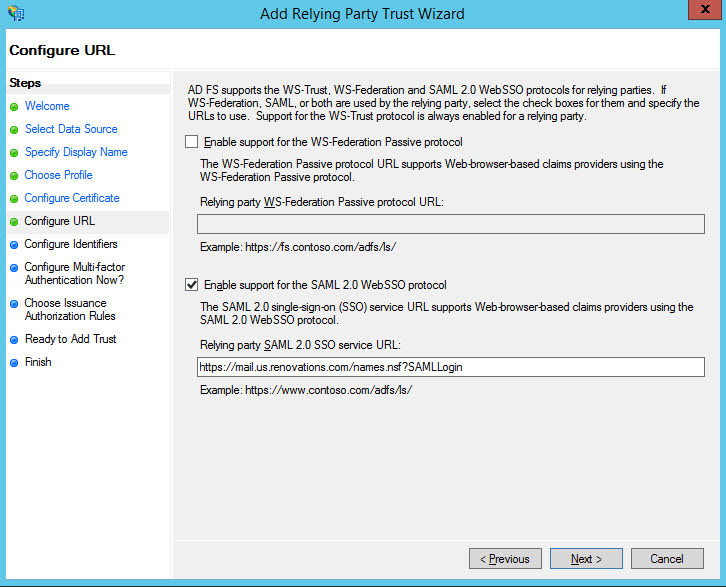 URL du service SAML 2.0 SSO de la partie de confiance dans la fenêtre Configurer l'URL pour les serveurs Web