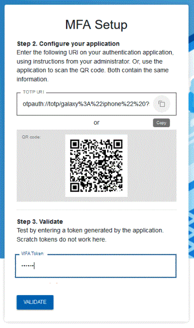 MFA Setup screen showing Step 2 and Step 3 of setup